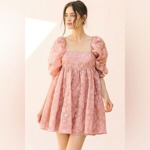 NWT Storia Size M Pink Mini Babydoll Puff Sleeve Dress